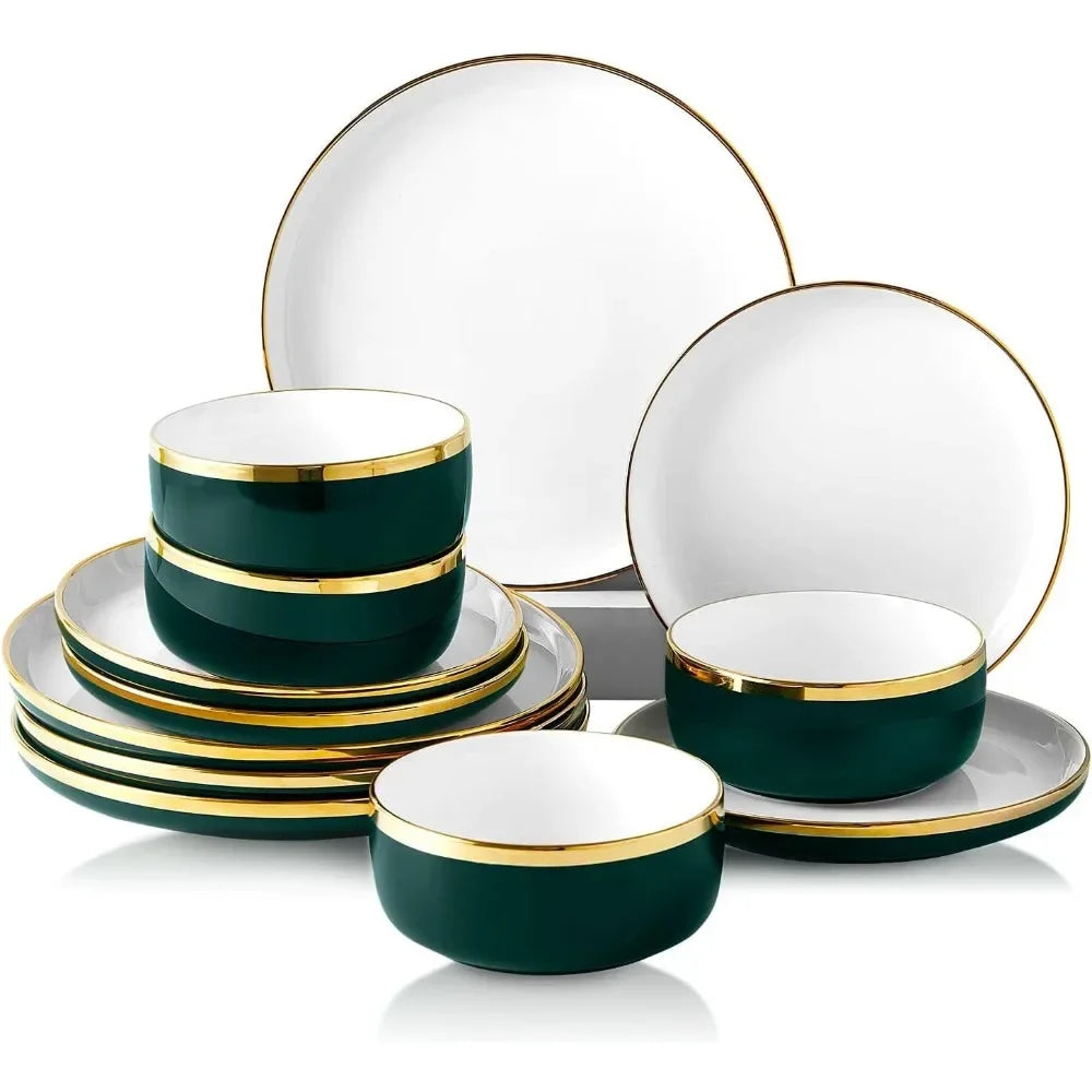 12 Piece Luxury Bone China Dishware Sets Kitchen Tableware Set of Plates Gilt Rim Plates and Bowls Sets for 4 Plate Dish Dinner