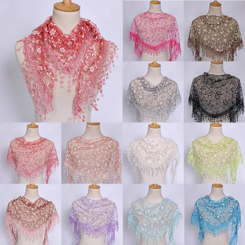 Fashion Elegant Ladies Floral Lace Triangle Scarf Shawl Korean Lace Tassel Sheer Neckerchief Holiday Lady Veils Scarf Headscarf