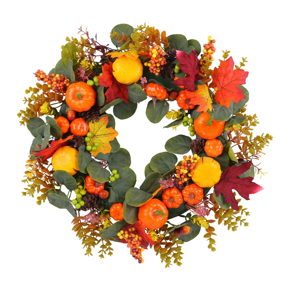 Fall Wreath Artificial Pumpkin Wreaths Wall Hanging, Farmhouse Fall Decorations Eucalyptus Leaves Plump Berries For Harvest