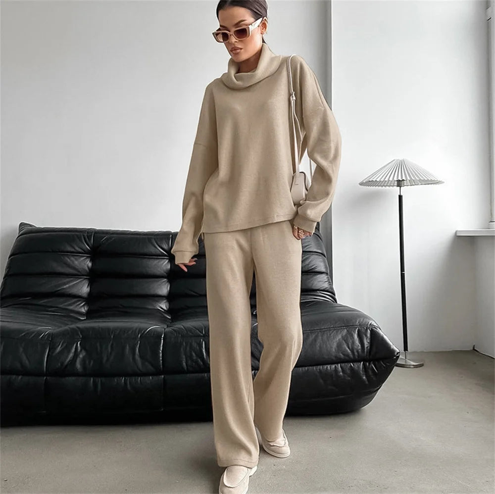 Casual Khaki Knitted Suit for Women Autumn Winter Loose Turtleneck Long Sleeve Sweater and Wide Leg Pants Sports Suit