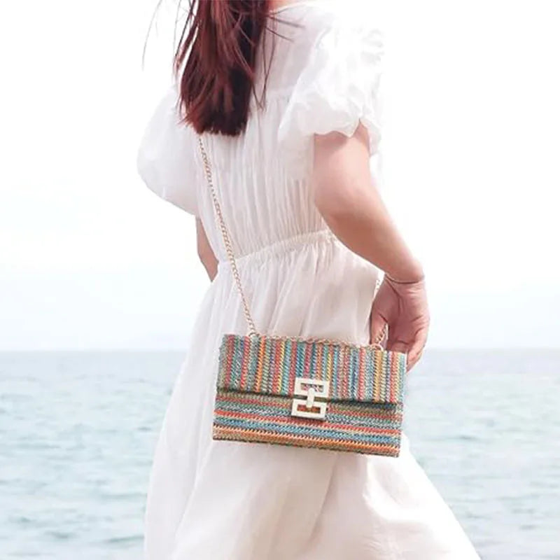 2024 Women Beach Woven Bag Envelope Evening Clutch Straw Handbag Wicker Rattan Shoulder Messenger Bags Casual Lady Wallet Purse