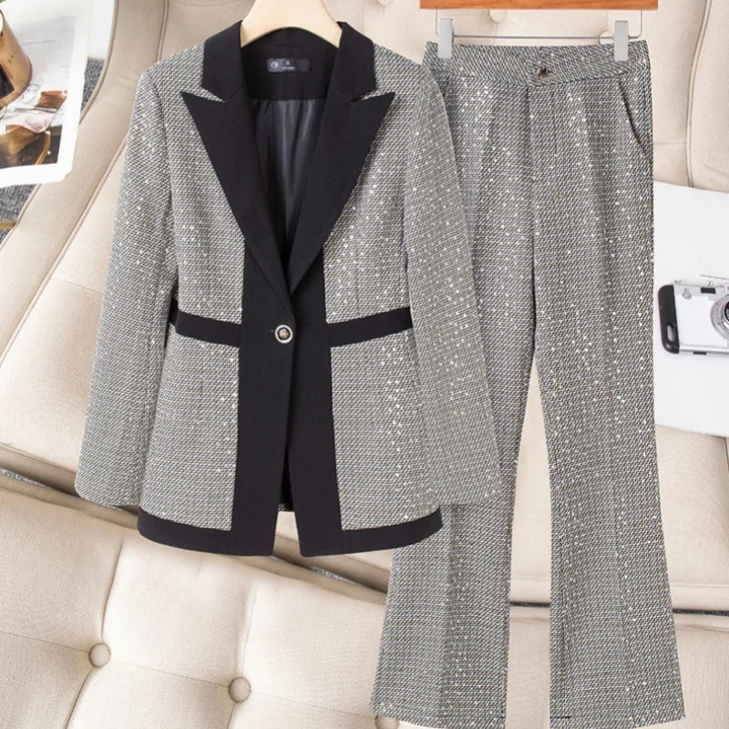 Large Size Women's Checkered Silk Suit Set Women's Spring Temperament Slimming High Waisted Flared Pants Trend Two Piece Set