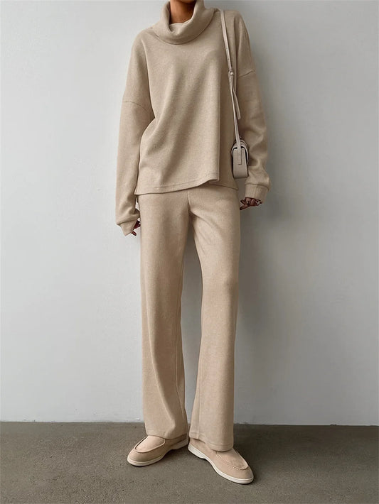 Casual Khaki Knitted Suit for Women Autumn Winter Loose Turtleneck Long Sleeve Sweater and Wide Leg Pants Sports Suit