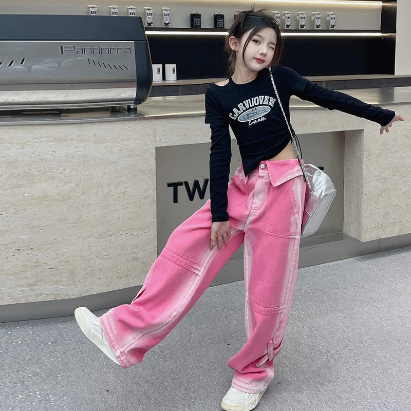 autumn teen girls high waisted straight leg jeans Gradient color wide leg cowboy pants/Cotton off shoulder T-shirt Floor trouser