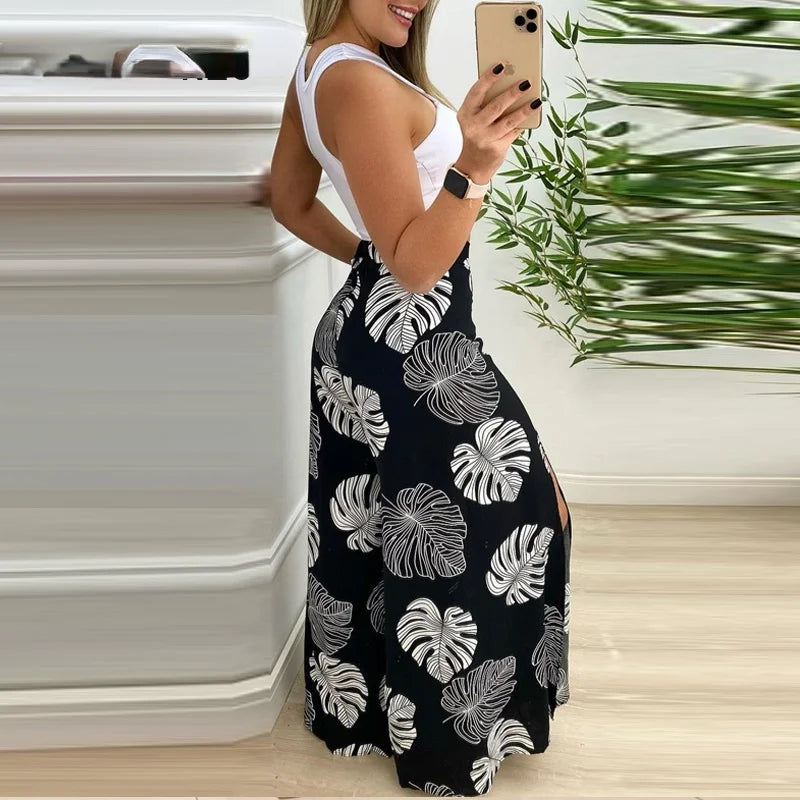 Women Summer Suit Solid Cut-out Tank Top & Tropical Print Split Wide Leg Pants Set Female & Lady Caual Sexy Trousers Suits 2022