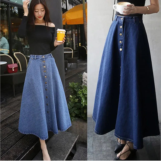 Long Denim Skirt Women Maxi High Waist Single-Breasted A-Line Jeans 2021 Summer New Fashion Korean Style Elegant Ladies Clothes