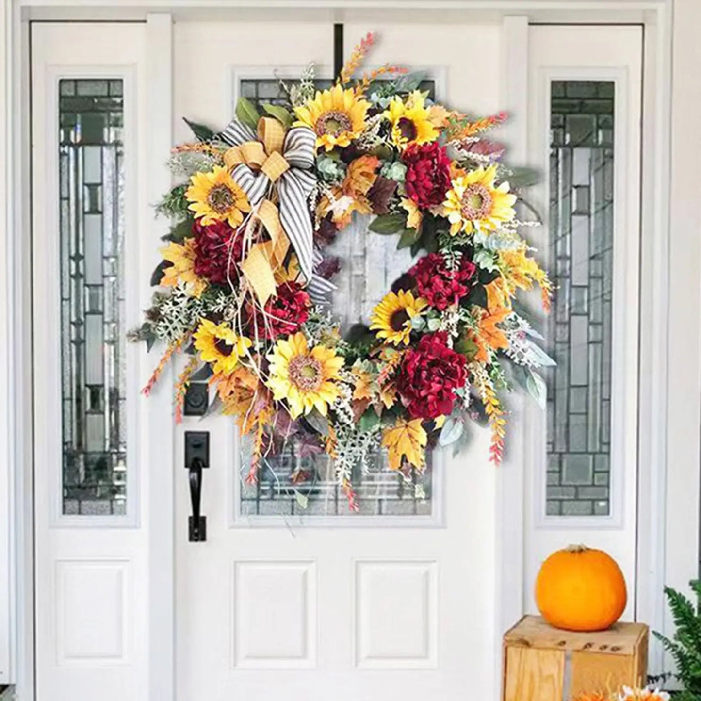 48CM Fall Wreath for Front Door with Sunflowers Autumn Decoration for Farmhouse Door Window Porch Harvest Halloween Thanksgiving