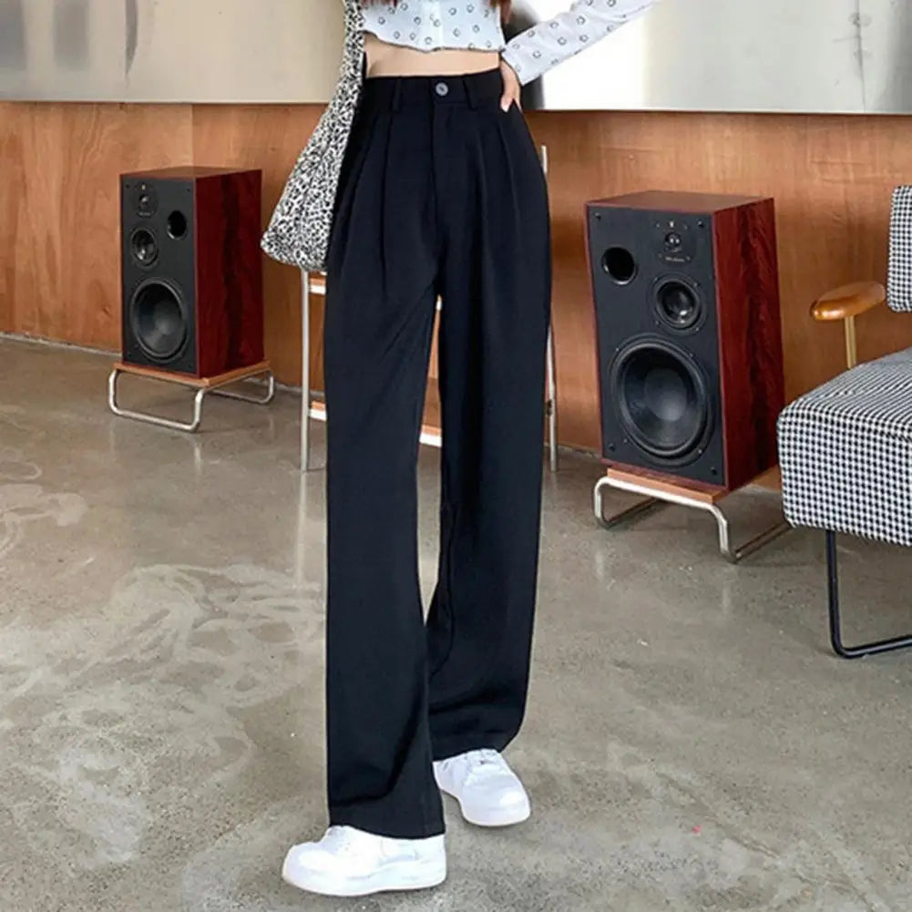 Wide Leg Dress Pants Elegant Women's High Waist Wide Leg Suit Pants with Pockets Solid Color Office Lady Trousers Button Zipper