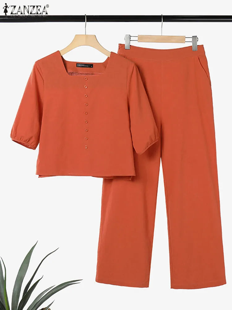 ZANZEA 2024 Summer Matching Sets Women  Pant Sets Fashion Puff Sleev Blouse Trousers Suits 2PCS Solid OL Work Outfits Tracksuits