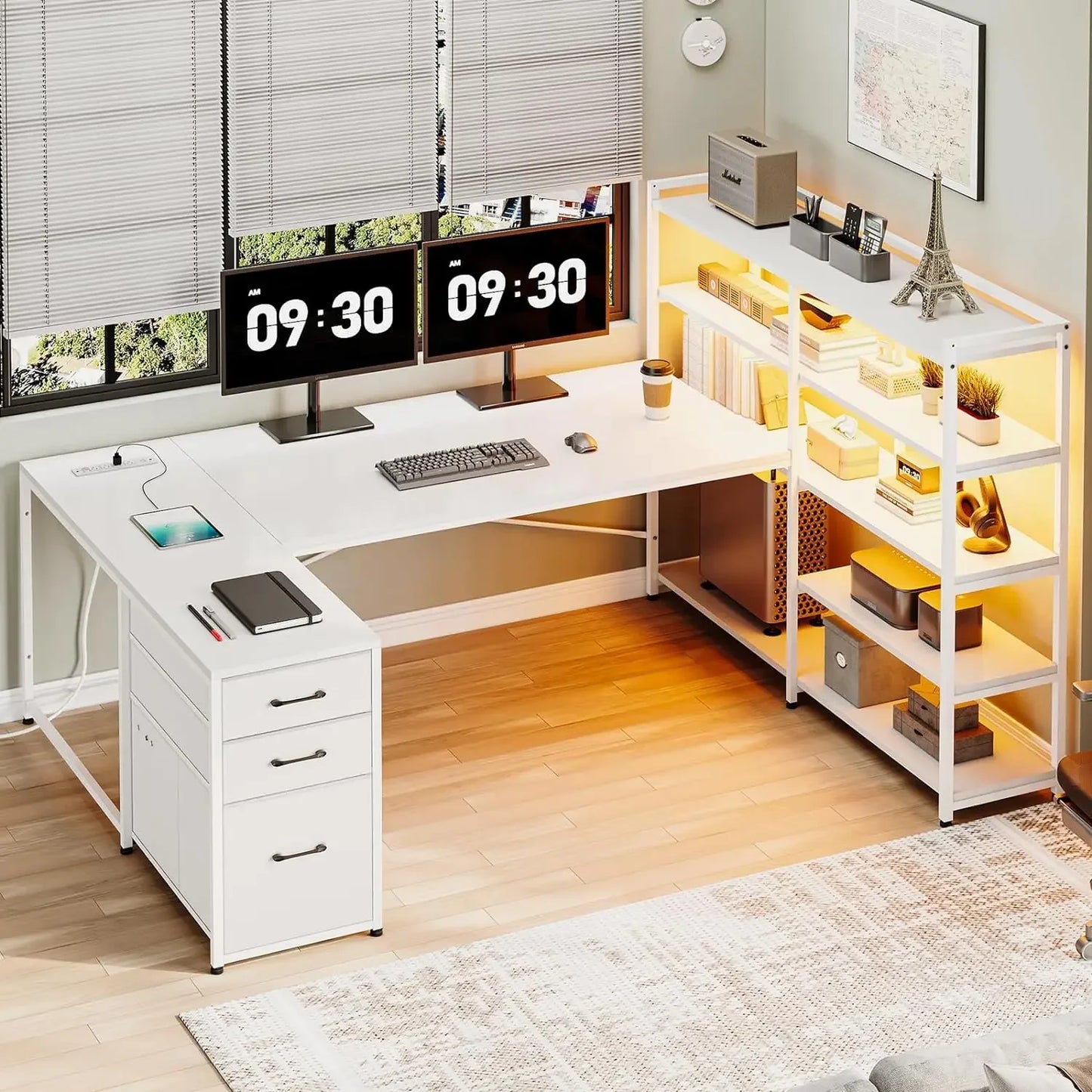 L Shaped Gaming Desk, Reversible U Shaped Computer Desk with Power Outlet and Storage Shelves, Corner Gaming Desk