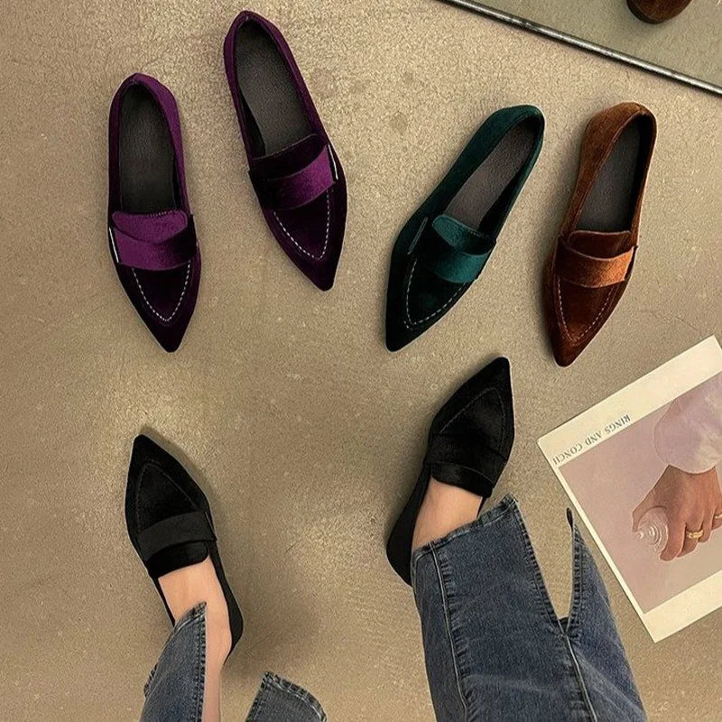 Women Luxury Velvet Moccasins Fashion Pointed Toe Loafers Ladies 2023 Spring New Purple Velour Ballet Flat Shoes