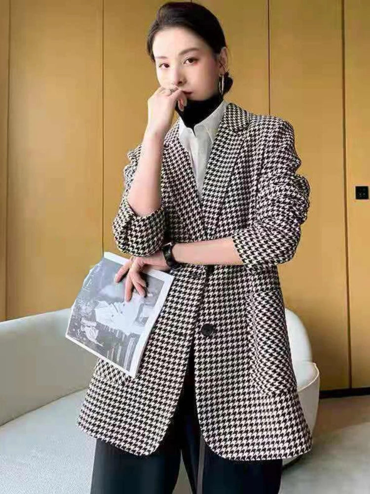 Korean Fashion Coats Chic Elegant Woman Jacket Autumn New In Office Lady Casual Plaid Belt Oversize Blazer Women Clothing