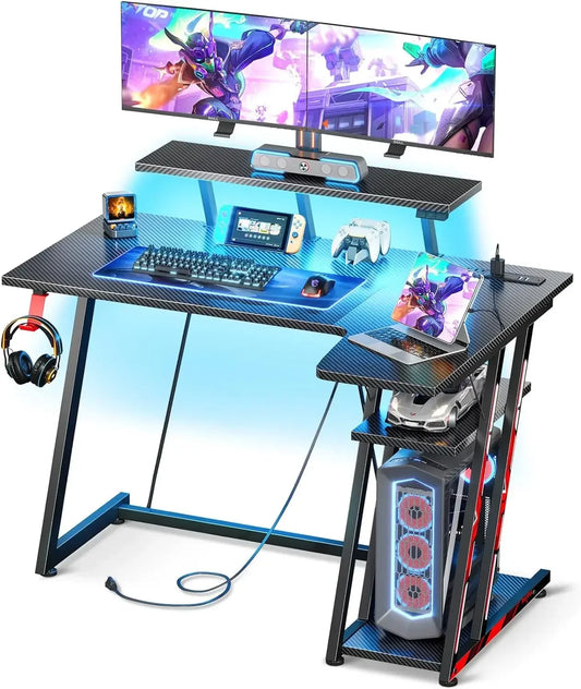 Small Gaming Desk with LED Lights & Power Outlets, 39 Inch L Shaped Gaming Computer Desk with Storage Shelf, Gamer Desk