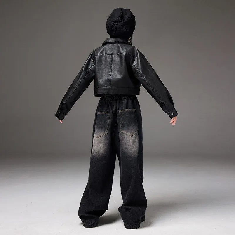 Hip Hop Kids Leather Jacket Girls Black Denim Pants Street Dance Clothes Sets Teenage Streetwear Costumes Children Fashion Suit