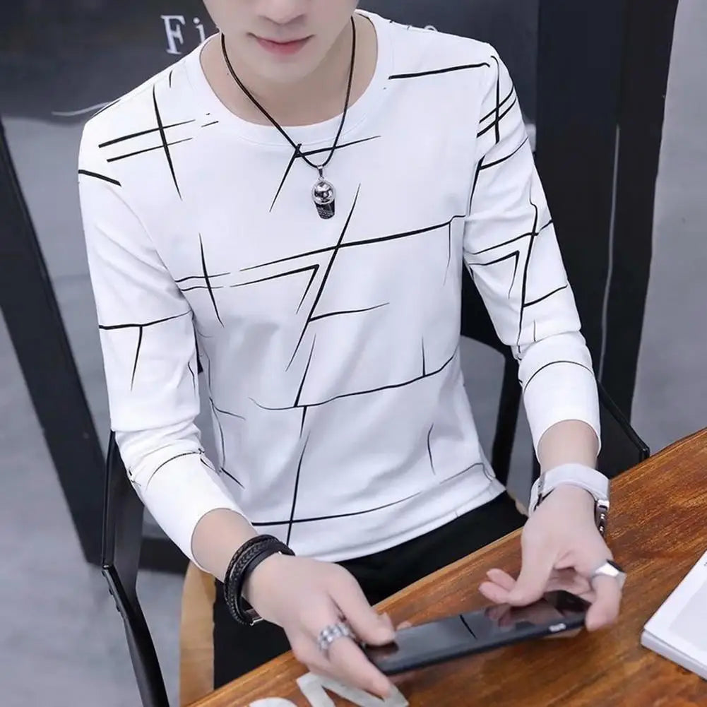 Crew Neck Men Top Men Long Sleeve T-shirt Soft Breathable Men's Long Sleeve T-shirt for Fall Spring Daily Wear Contrast Color