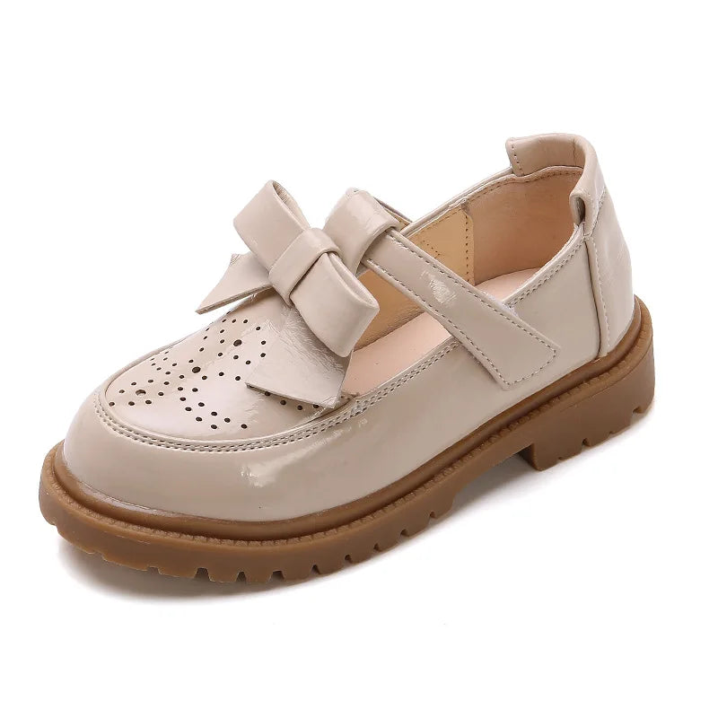 Kids Leather Shoes Girls Oxfords Leather Flats T-strap Children's Shoes Cut-outs Breathable Anti-slip British Vintage Style Bow