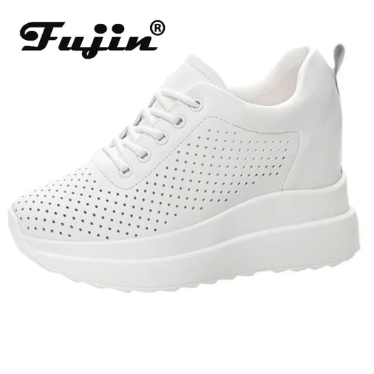 Fujin 10cm Genuine Leather Vulcanized Platform Wedge Casual Women Summer Shoes Fashion Sneakers Hollow Heels Increase Shoes