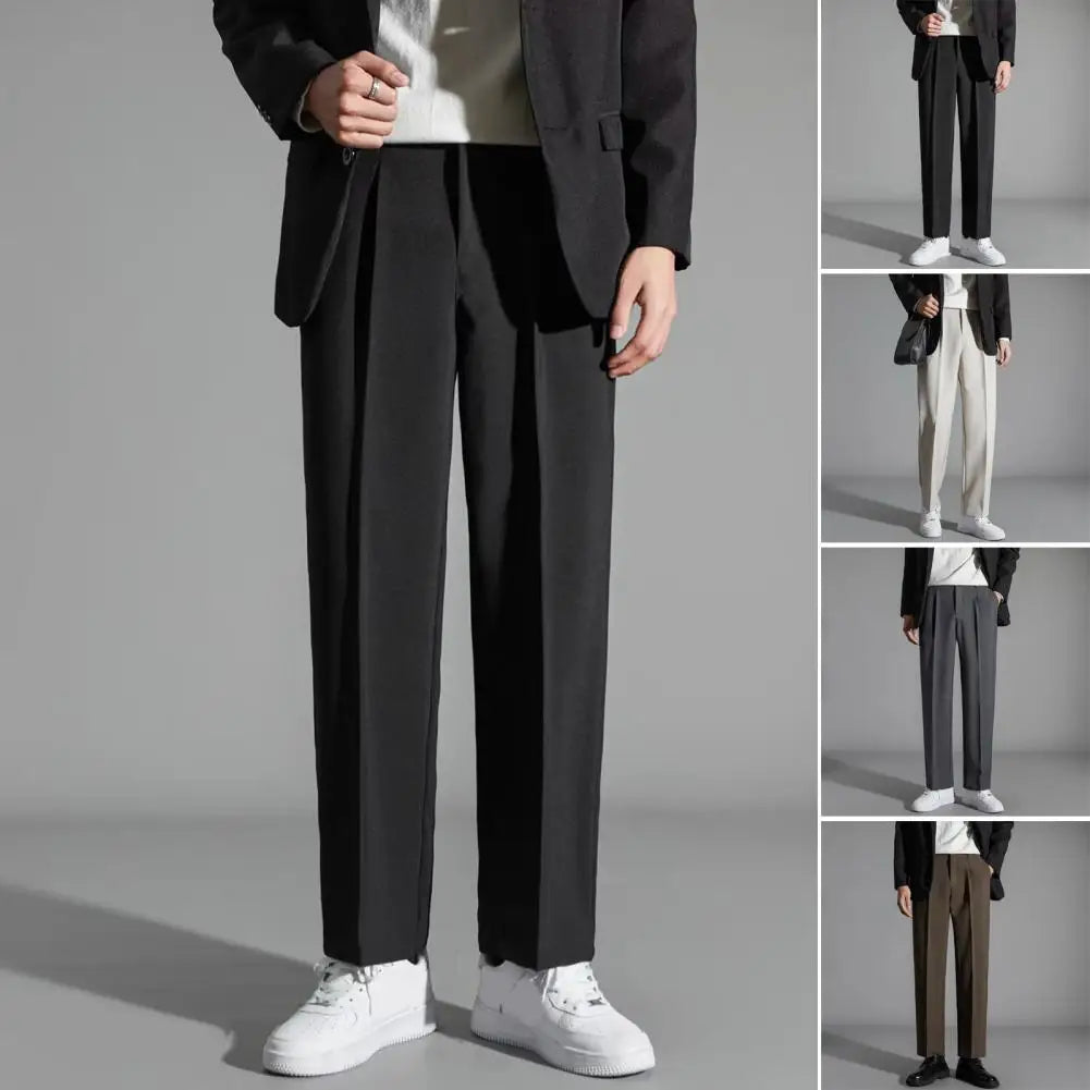 Solid Color Dress Pants Formal Men's Suit Pants with Drawstring Closure Straight Leg Slacks for Office Wear Solid Color Business