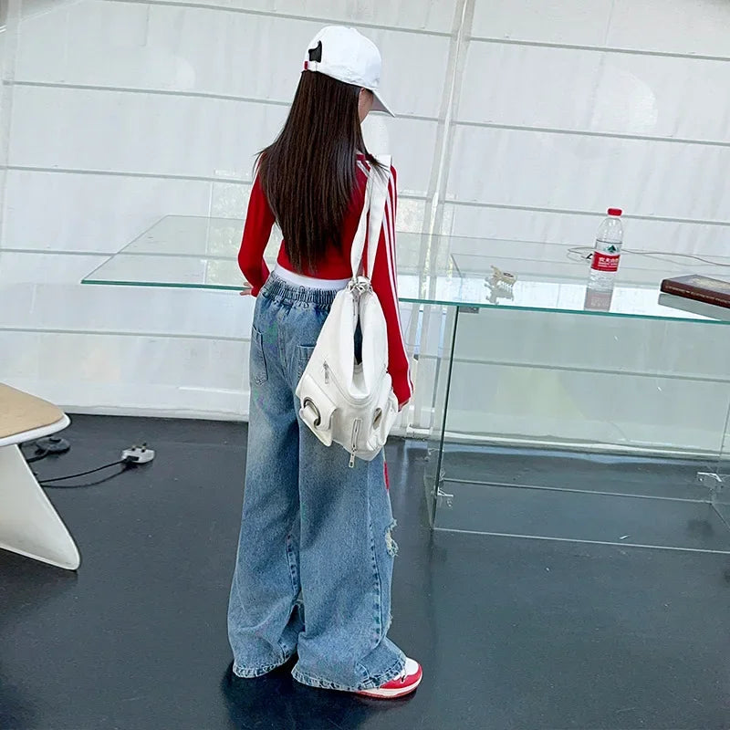 teenage girls wide leg jeans pants jazz kids clothes spring autumn chips print bell bottoms denim trousers 6 to 16 years