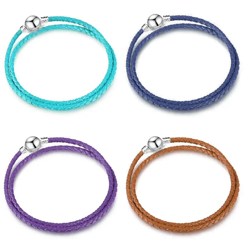 Double Circle Bilayer Round Buckle Leather Rope Bracelet Ladies Multicolor PU Basic Chain Fit Origina Pandora DIY Fine Jewelry