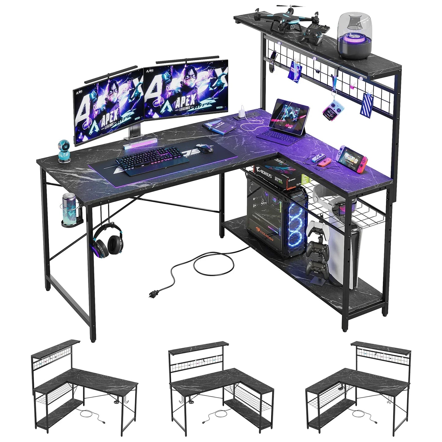 L-Shaped Reversible Gaming Desk with Power Outlet and 4 Tiers Shelves, Black Marble