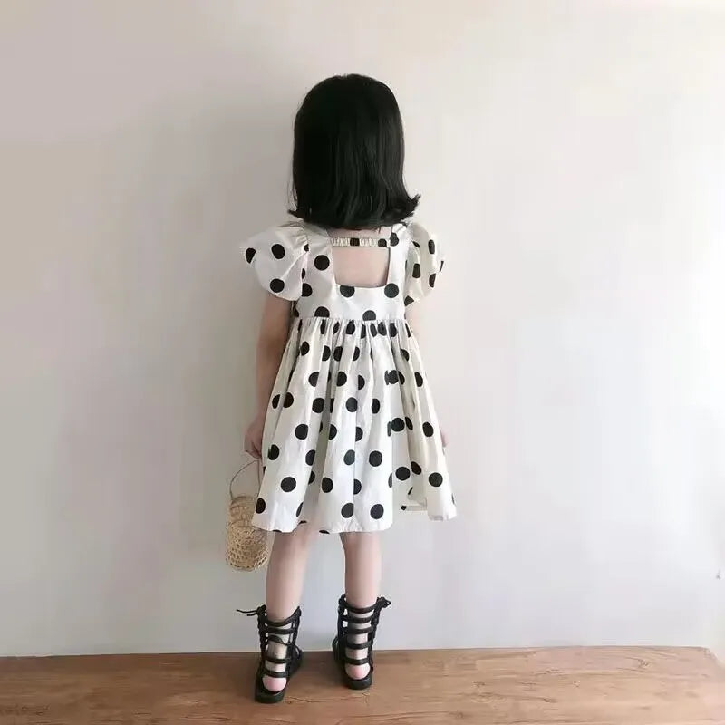 Girls' Summer Short Sleeve Dress New Polka Dot Korean Edition Children's Cute Bubble Sleeve Open Back Princess Dress