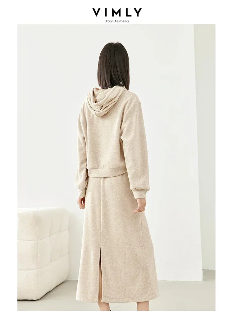 Vimly Casual Hoodie and Skirt Women's Sets 2 Piece Outfits 2024 Spring Hooded Sweatshirts Split Maxi Skirt Matching Sets 30058