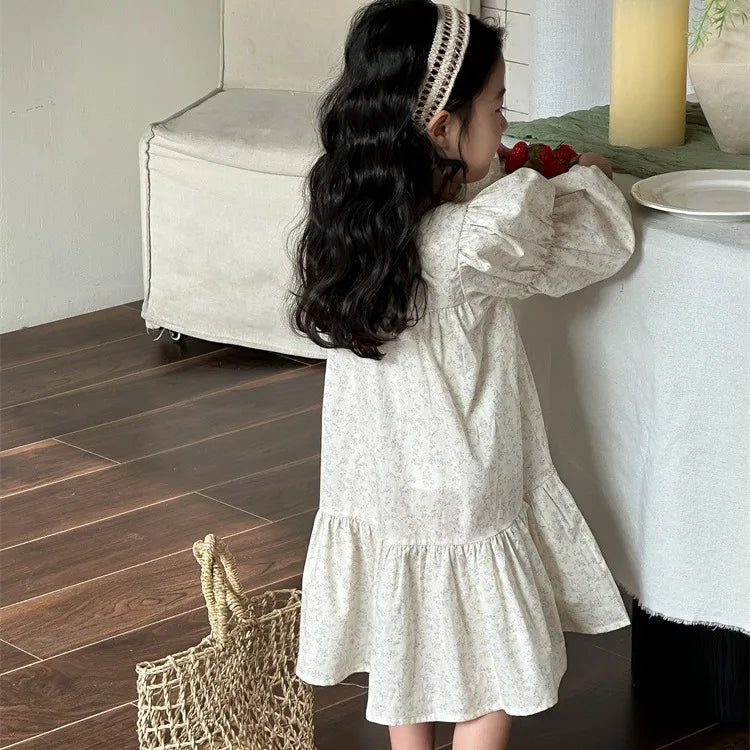 Children Clothing Girls Dress Spring 2024 New Fashionable Girls Floral Puffle-sleeve Cotton Dress Lace French Style Dress