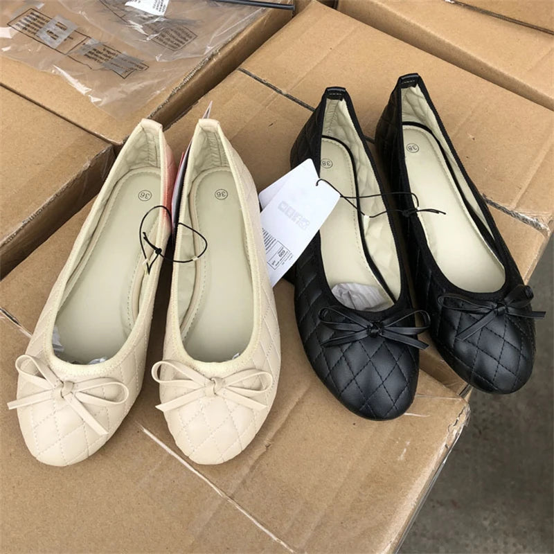 Spring Autumn Elegant Bowknot Ballerina Flat Women's Round Toe Comfort Slip-On Ladies Loafers Leather Single Mules Shoes