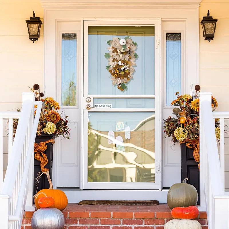 Artificial Pumpkins Maple Leaves Fall Wreath For Front Door Wall Farmhouse Decor And Thanksgiving Harvest Festival Celebration