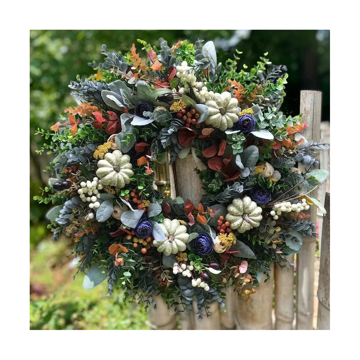 White Pumpkins Ranunculus Wreath Fall Decor for Front Door, Handmade Hydrangea Big White Pumpkin Wreath