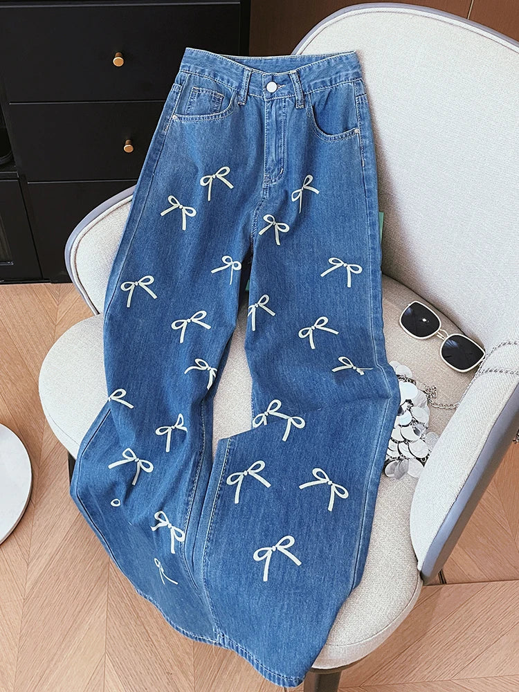 Vintage Women's Bowknot Print Y2K Fashion Wide Leg High Waist Denim Pants Boyfriend Jeans Loose Fit Vintage Jeans for Teen Girls