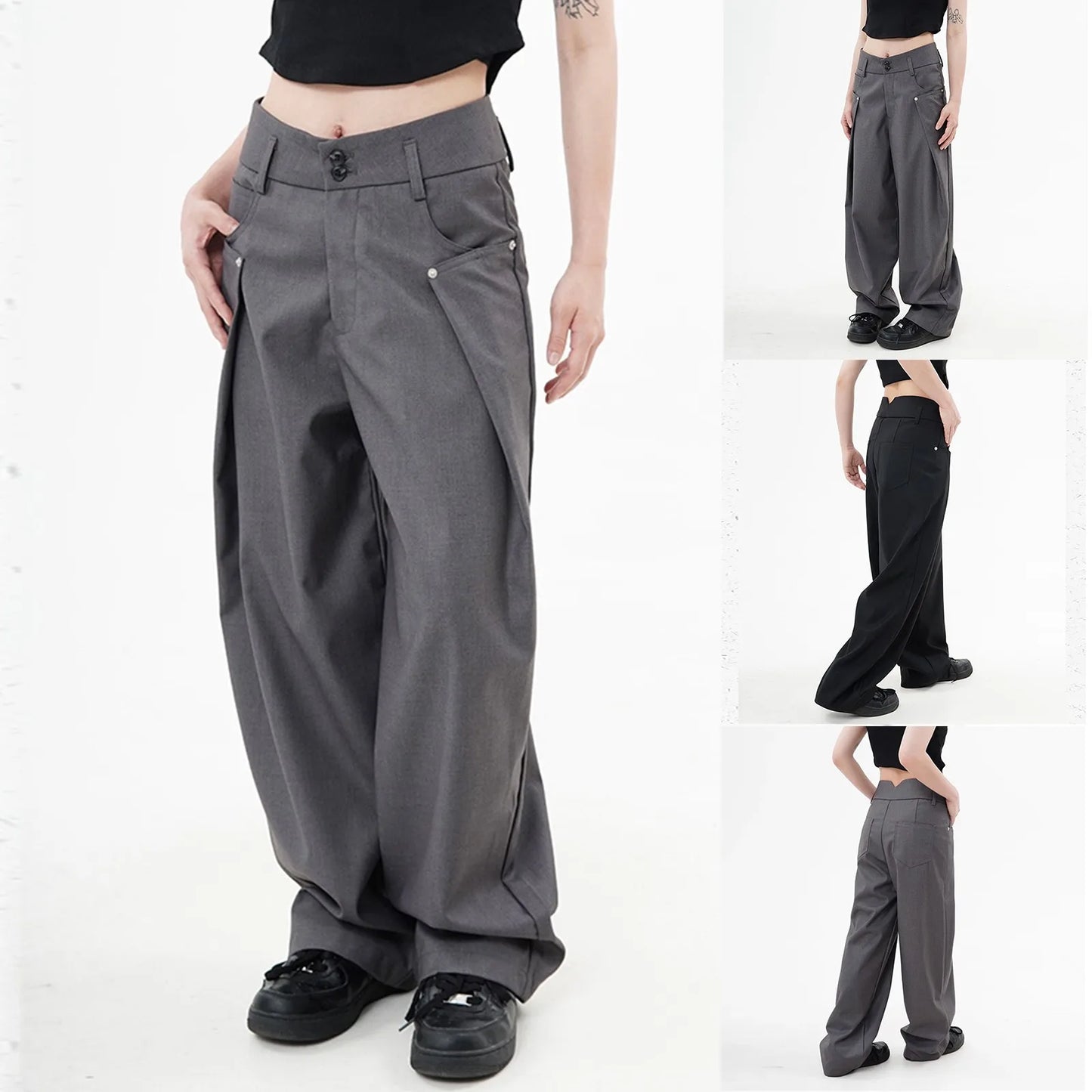 Casual Wide Leg Pants Women High Waist Street Basic Slacks Loose Sweat Trousers Korean Retro Gray Office Lady Pants Streetwear