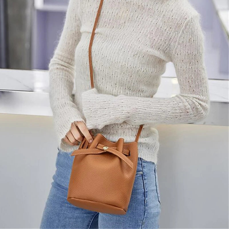 Fashion Bucket Shoulder Bag Women Drawstring Crossbody Bag Female Messenger Bags Ladies Synthetic Leather Handbag