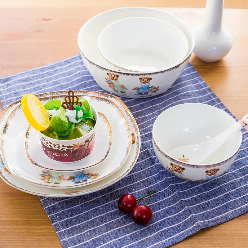 25pcs Set, Real Bone China Dinnerware Set, Cute Bear Painting, Dinner Chafing Dish Plate, Ceramice Kitchen Food Containers Serve