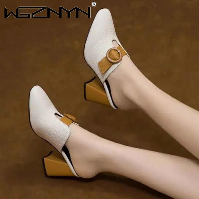 Women High Heeled Platform Half Slippers Leather Mules Femme Pointed Toe Feminino Office Ladies Chaussure Elegant Backless Shoes