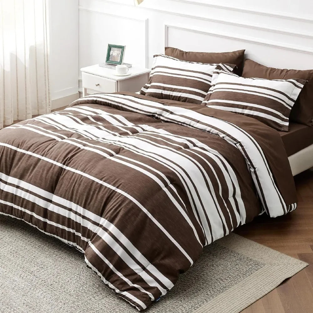 Bed Sheet 7-Piece Brown White Striped Bedding Comforter Sets, All Season, 2 Pillow Shams, Flat Sheet, Fitted Sheet, Bedspread