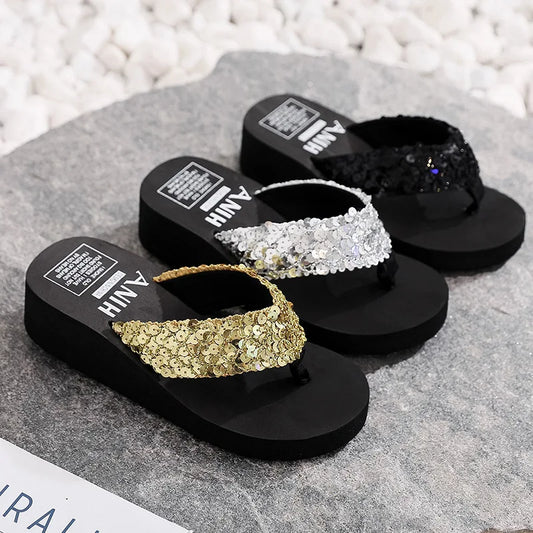 Women Summer Sandals Sequins Beach Female Flip Flops Ladies Slippers High Heels Shoes For Women 2023 Platform Wedges Slippers