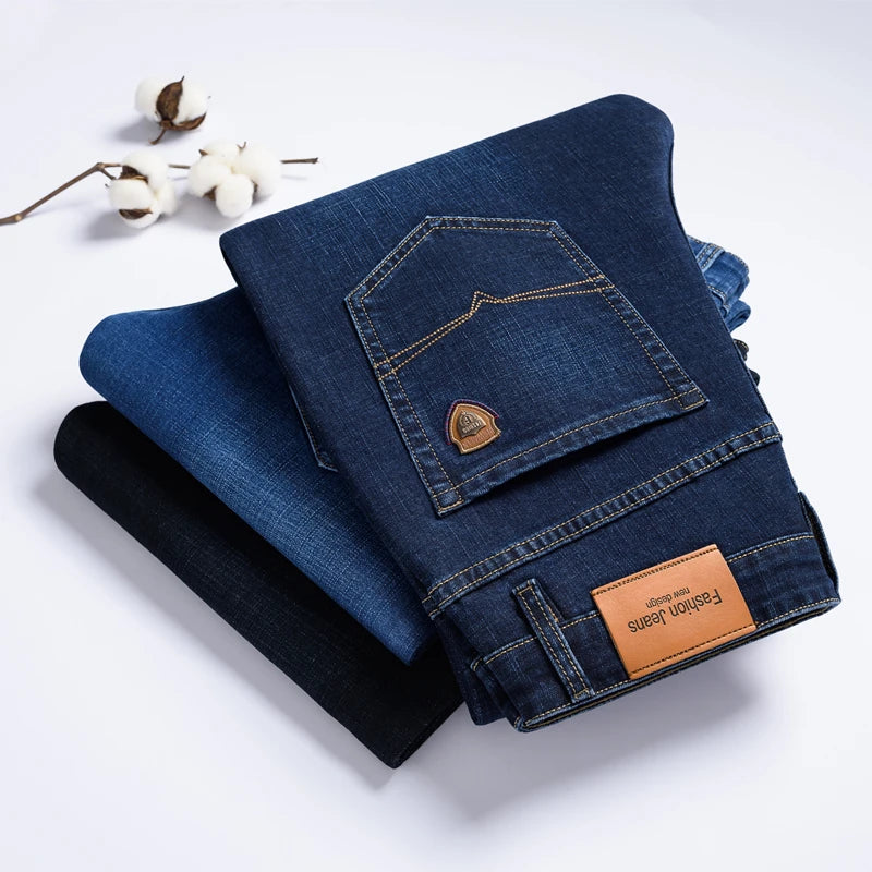 SHAN BAO 2024 autumn spring fitted straight stretch denim jeans classic style badge youth men's business casual jeans trousers