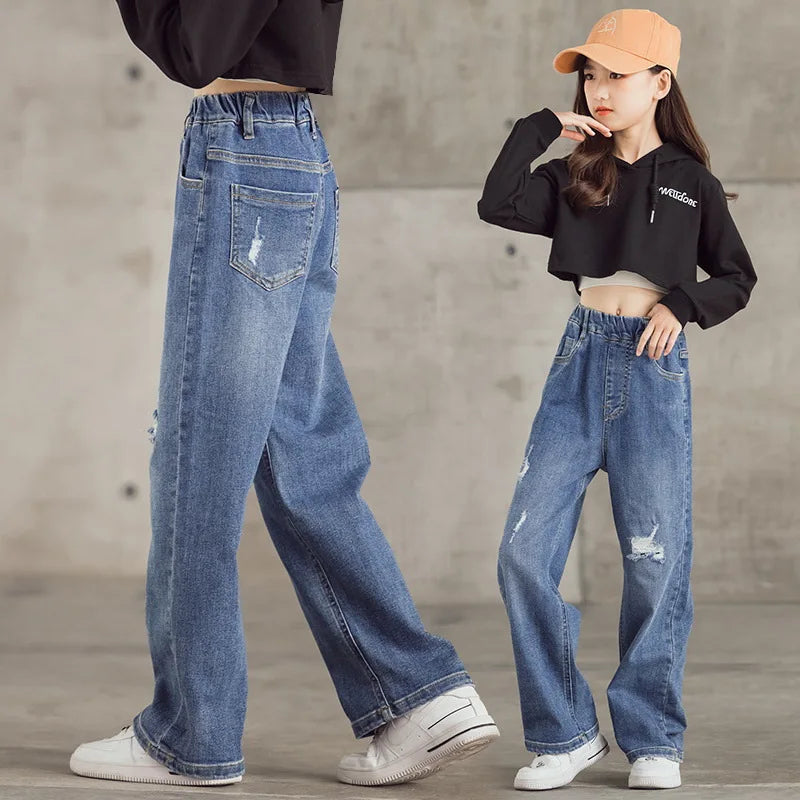 Spring Autumn Fashion Loose Straight Pants Girls Hole Wide Leg Jeans Teenage Casual Hundred Streetwear Simple Child Trousers