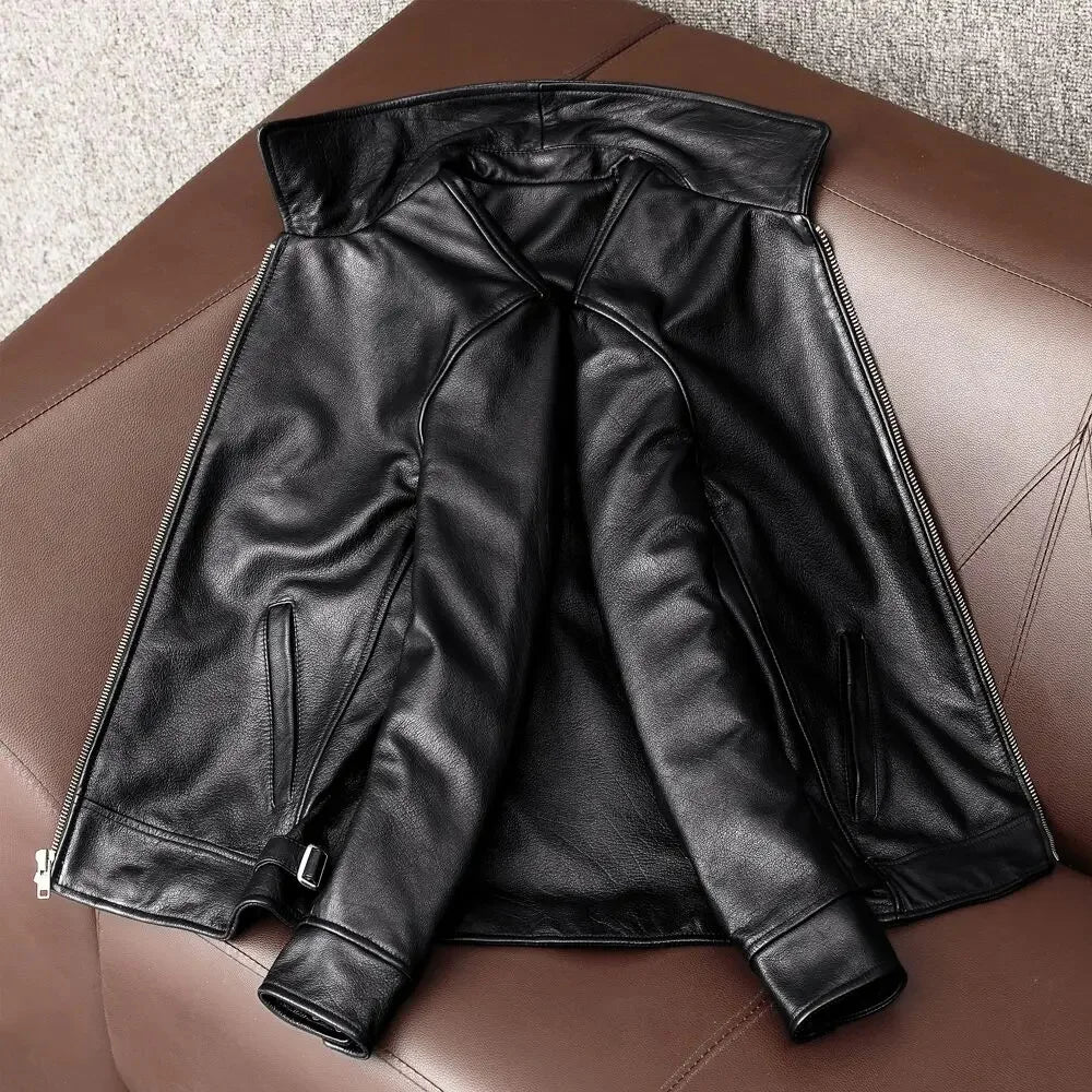 Shipping Free New Black Cowhide Men Genuine Coat Dad's Leather Jacket Spring and Autumn Clothes Size S-5XL