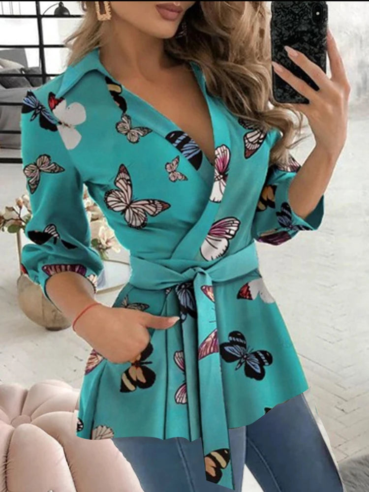 Autumn Long Sleeve Print Belt Shirt For Women New Sexy V-neck Slim Blouses And Tops 2023 Office Ladies Shirts Elegant Clothing