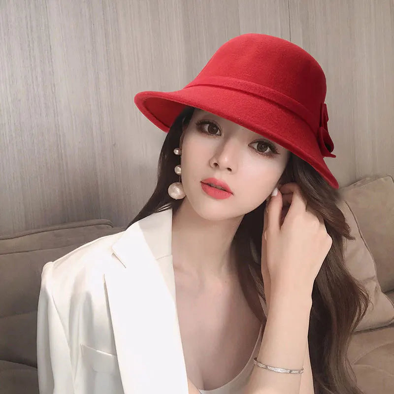 Women Bow-knot Hat Korean Woolen Felt Fedoras Ladies Vintage Elegant Bucket Cap Warm Autumn Spring Panama Hat Bowknot Girls