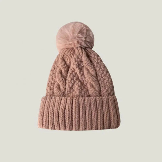 Fall Winter Women Hat Thickened Elastic Knitted Lady Beanie Twisted Pattern Ear Protection Plush Ball Decor Outdoor Cap