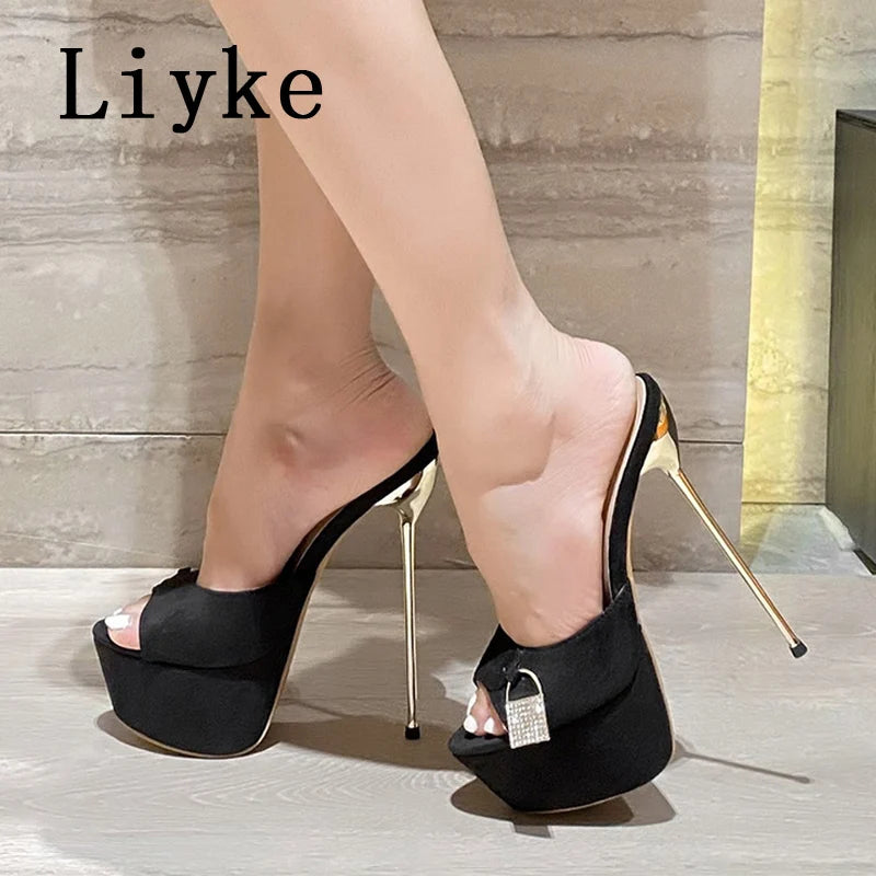 Liyke Summer Fashion Metal Extreme Platform Slippers Women Sexy Peep Toe Stiletto Heels Sandal Ladies Club Stripper Shoes Slider