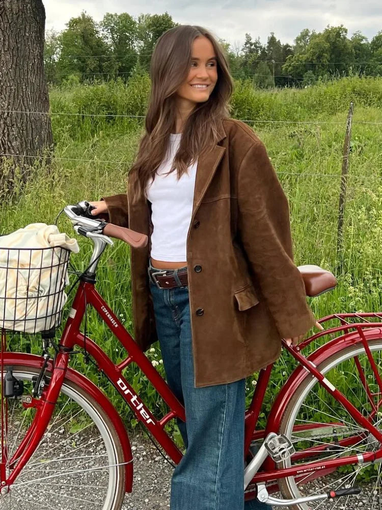 Vintage Brown Suede Leather Blazer Jackets For Women Fashion Lapel Single Breasted Pockets Crop Coats 2024 Lady Autumn Outerwear