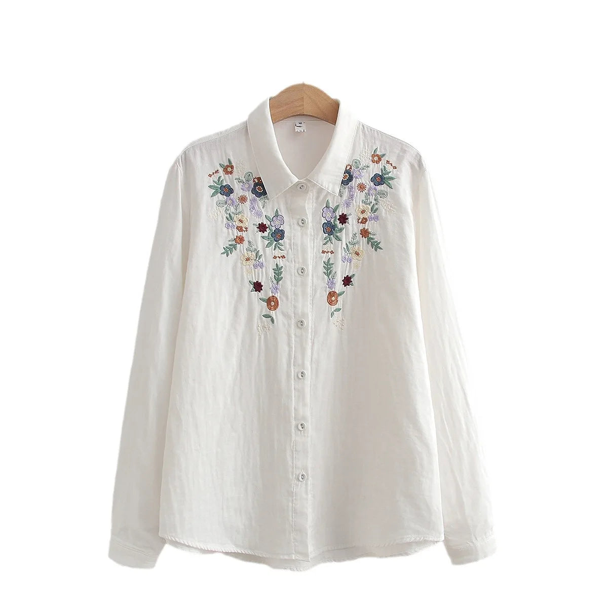 New Spring Double Cotton Yarn Shirts Women Turn-down Collar Loose Tops Girl Long Sleeve Embroidery Blouses 2024 Autumn T42909QM