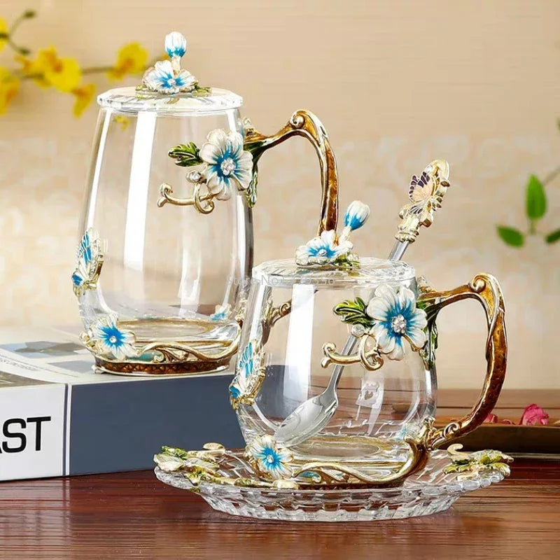 Beauty and Novelty Enamel Coffee Cup Mug Flower Tea Glass Cups for Hot and Cold Drinks Tea Cup Spoon Set Perfect Wedding Gift