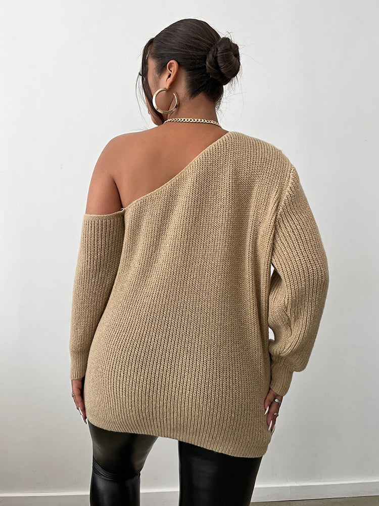 ONELINK Light Brown Asymmetric One Shoulder Sexy Plus Size Wool Women's Sweater Pullover Flat Knitting Long Sleeves Loose Tops