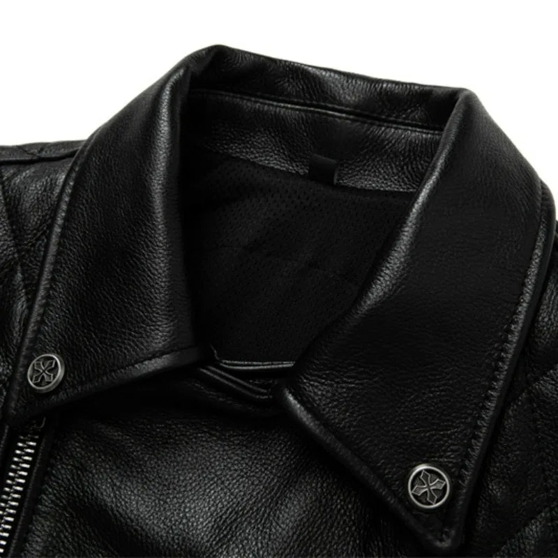 Natural Cowhide Oblique Zipper High Quality Coat Size S-5XL Men Motorcycle Jacket Protectors Genuine Leather Clothes